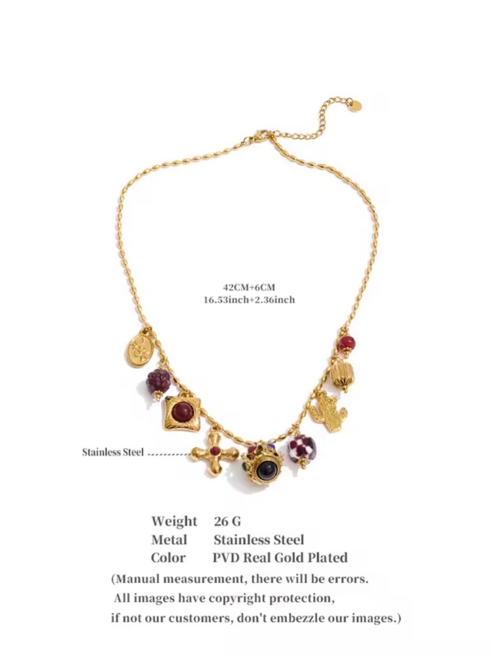 Gold and Ruby Charm Necklace Jewelry- Gold Plated Stainless Steel - Picture 3 of 4
